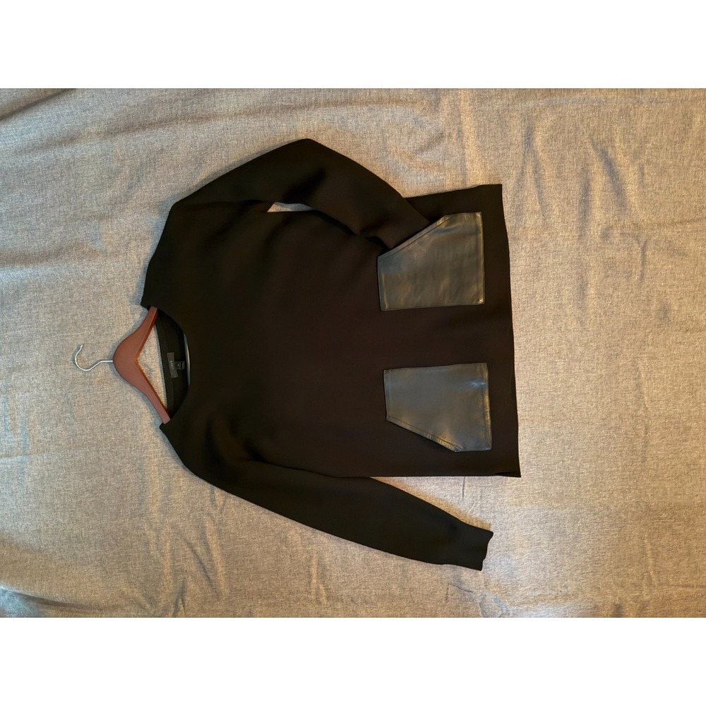 J.Crew Merino Wool Tunic Sweater M Black Genuine Leather Pocket Quiet Luxury